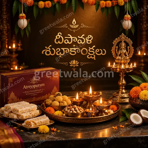 Premium Telugu Diwali showcase card radiating golden diyas, marigold glow, fireworks, and joyous festive elegance.