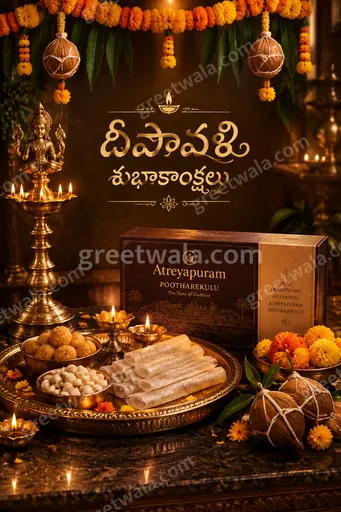 Luxurious festive Diwali card glowing with golden diyas, vibrant colors, and Telugu text దీపావళి శుభాకాంక్షలు in elegant style.