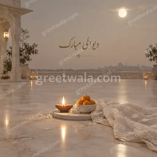 Elegant minimal deep-blue Diwali card featuring golden diyas and Urdu greeting 'دیوالی مبارک' radiating warm festive serenity.