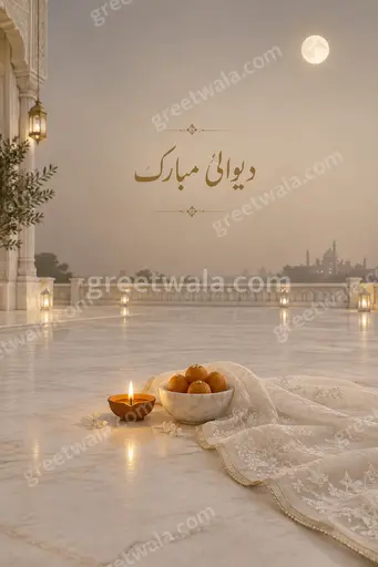 Elegant minimal Diwali card with soft golden diyas glowing serenely around Urdu greeting دیوالی مبارک.