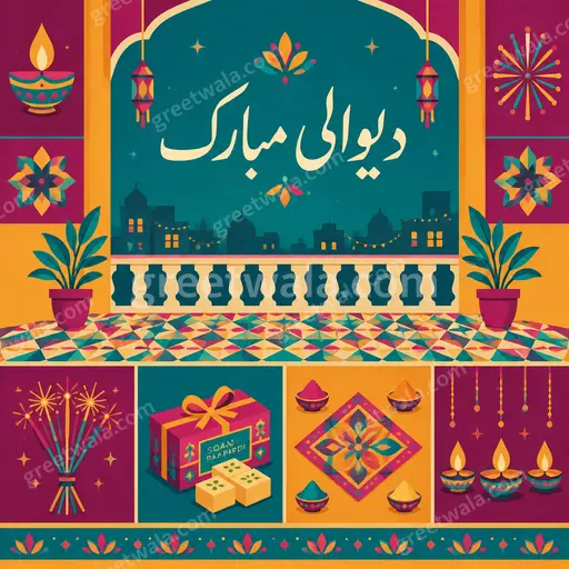 Modern flat vector Diwali card in deep purple and gold with glowing diyas, festive lights, elegant Urdu دیوالی مبارک greeting.