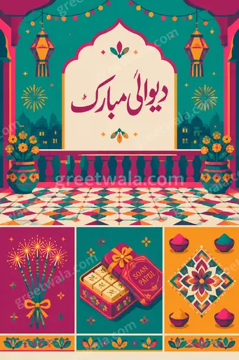 Modern flat vector card displaying دیوالی مبارک with glowing diyas, vibrant colors, and joyful festive elegance.