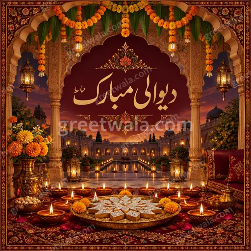Ornate traditional Diwali card glowing with diyas, gold patterns, warm festive joy, displaying دیوالی مبارک elegantly.