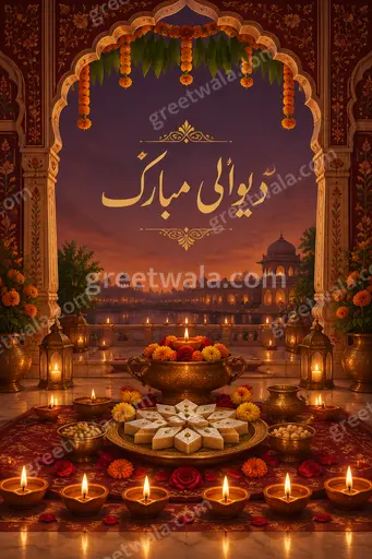 Ornate traditional Diwali card glowing with golden diyas, intricate patterns, and warm festive elegance celebrating دیوالی مبارک joyfully.