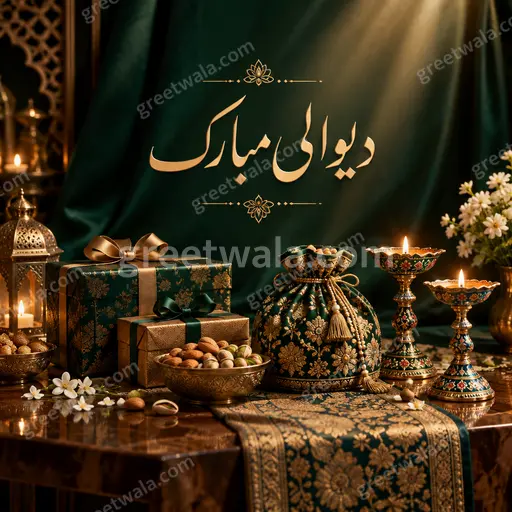 Premium Diwali card displaying 'دیوالی مبارک' amid golden diyas, marigolds and fireworks exuding warm luxurious festivity.