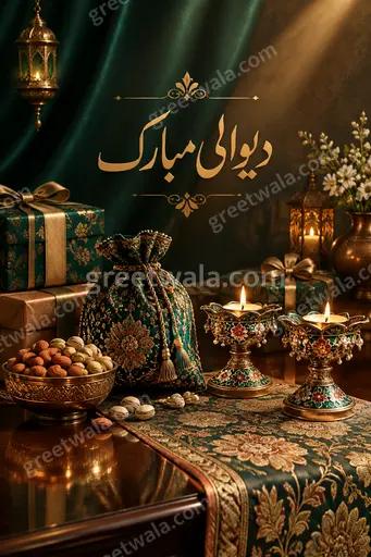 Luxurious festive Diwali card glowing with golden diyas, rich maroon elegance, sparkling warmth celebrating دیوالی مبارک joyfully.