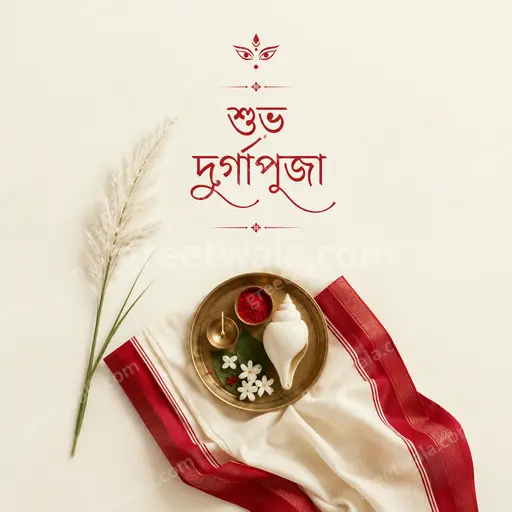 Elegant minimal Durga Puja card featuring শুভ দুর্গাপূজা in graceful Bengali script with soft festive glow and serene charm.