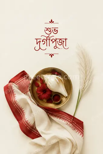 Elegant minimal Durga Puja card with soft golden hues, serene goddess silhouette, and শুভ দুর্গাপূজা in graceful Bengali script.