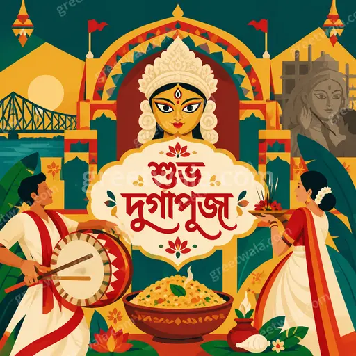 Modern flat vector card glowing with festive warmth, showcasing শুভ দুর্গাপূজা amid elegant goddess motifs and lights.