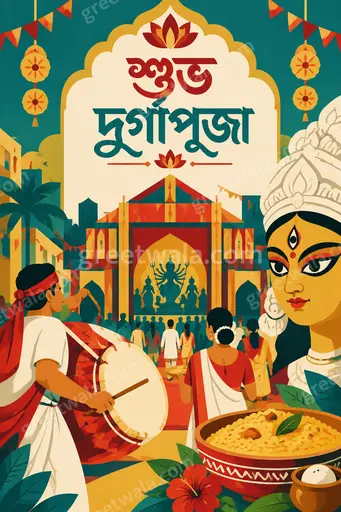 Modern flat vector Durga Puja card glowing with festive warmth, featuring Goddess Durga silhouette and শুভ দুর্গাপূজা lettering.