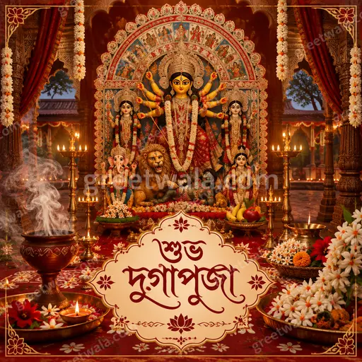 Ornate traditional Bengali card radiating festive devotion with goddess Durga motifs, intricate borders, and glowing শুভ দুর্গাপূজা greeting.