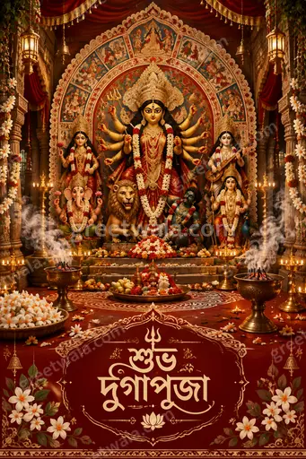 Ornate traditional Durga Puja card glowing with festive warmth, showcasing Bengali blessing শুভ দুর্গাপূজা in elegant golden artistry.
