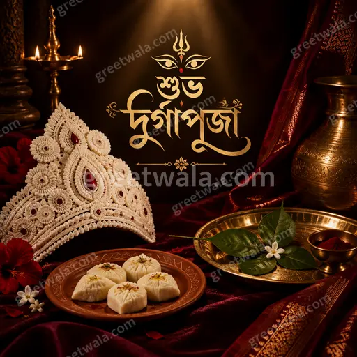Elegant premium Durga Puja card glowing with festive warmth, showcasing শুভ দুর্গাপূজা in ornate Bengali golden lettering.