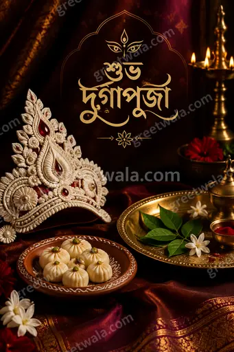 Elegant premium Durga Puja card displaying শুভ দুর্গাপূজা with radiant goddess art, festive gold tones and joyful devotional warmth.