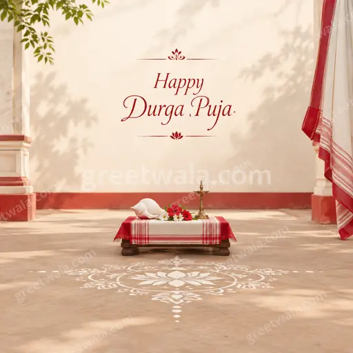 Elegant minimal card with serene goddess silhouette, soft gold accents and warm festive glow conveying Happy Durga Puja blessings.