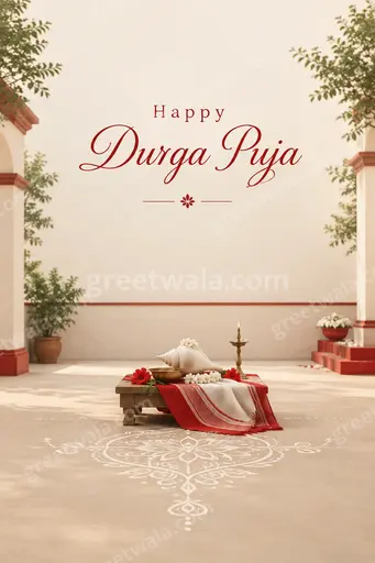 Elegant minimal card with soft golden glow, serene goddess silhouette, and Happy Durga Puja in graceful refined lettering.