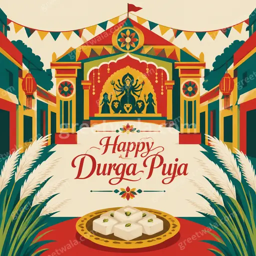 Modern flat vector Durga Puja card with joyful festive mood featuring goddess silhouette, marigolds, and Happy Durga Puja text.