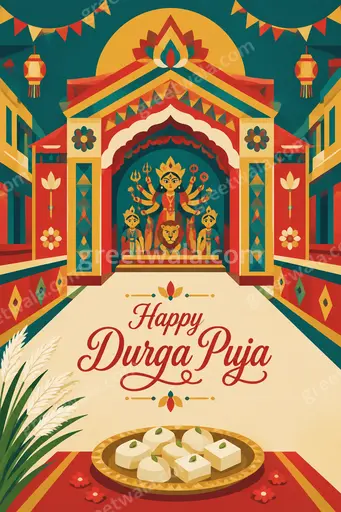 Modern flat vector card with joyful goddess silhouette, marigold accents, and warm festive glow wishing Happy Durga Puja.