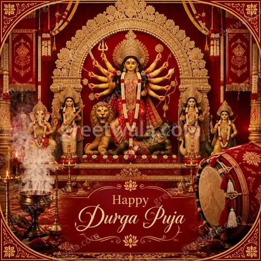 Ornate traditional card displaying Happy Durga Puja with glowing goddess art, rich red gold tones, radiating devotion and festive joy.