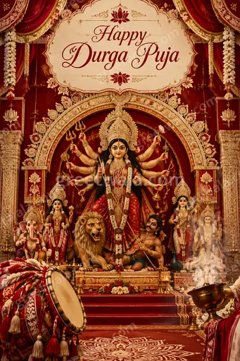 Ornate traditional Durga Puja card glowing with festive warmth, displaying Happy Durga Puja in elegant English lettering.