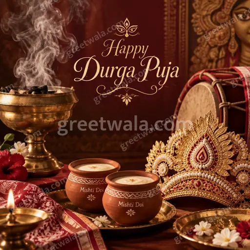 Elegant premium Durga Puja card with radiant goddess motif, golden accents, and joyful 'Happy Durga Puja' greeting.