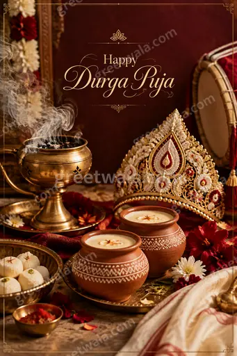 Elegant premium Durga Puja card with glowing goddess silhouette, festive lights, and Happy Durga Puja in golden lettering.