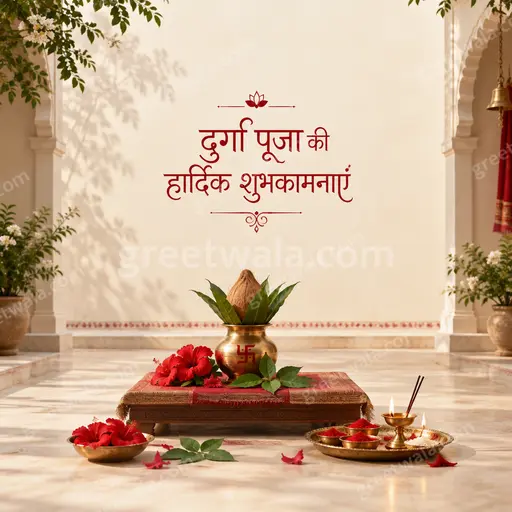 Elegant minimal Durga Puja card displaying Hindi wishes with serene goddess silhouette in soft golden glow.