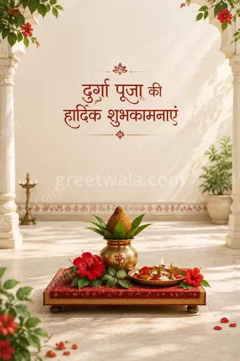 Elegant minimal Hindi Durga Puja card with goddess motif, warm gold tones, serene divine festive elegance.
