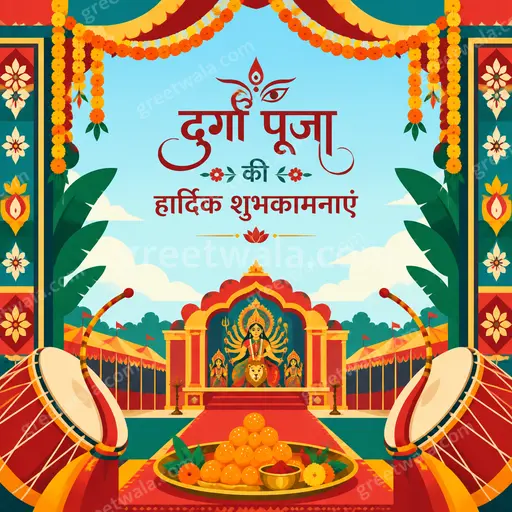 Modern flat vector Durga Puja card displaying Hindi wishes with radiant goddess motif, marigolds, festive joyful glow.