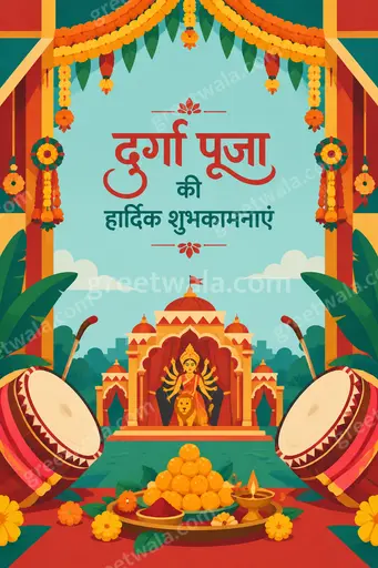 Joyful modern flat vector Durga Puja card displaying 'दुर्गा पूजा की हार्दिक शुभकामनाएं' with vibrant festive elegance.