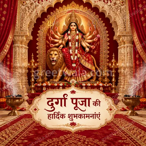 Ornate traditional Durga Puja card displaying दुर्गा पूजा की हार्दिक शुभकामनाएं in gold, with divine red festive devotional mood.