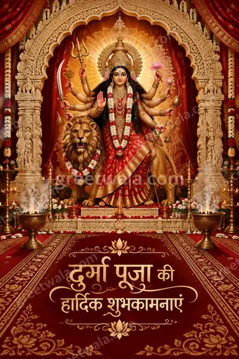 Ornate traditional Durga Puja card with divine golden glow, festive reverence, displaying 'दुर्गा पूजा की हार्दिक शुभकामनाएं' beautifully.
