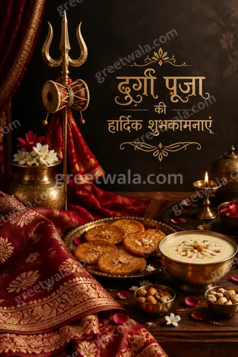 Premium Durga Puja card in Hindi with radiant goddess motif, festive marigold glow, and elegant devotional grandeur.