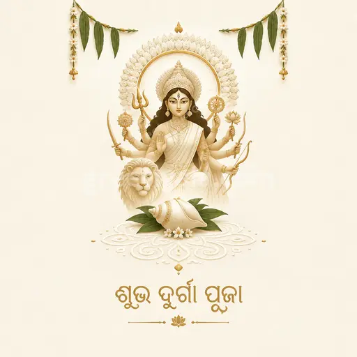 Elegant minimal Durga Puja card in soft gold and ivory with serene goddess motif displaying ଶୁଭ ଦୁର୍ଗା ପୂଜା gracefully.