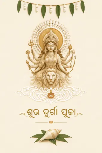 Elegant minimal Durga Puja card with serene goddess motif, warm glow, displaying 'ଶୁଭ ଦୁର୍ଗା ପୂଜା' gracefully.