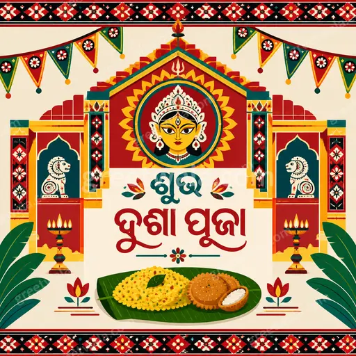 Modern flat vector Durga Puja card in festive colors showing Odia greeting ଶୁଭ ଦୁର୍ଗା ପୂଜା with joyful elegant mood.