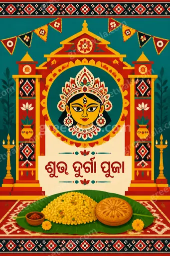 Vibrant modern flat vector Durga Puja card displaying Odia greeting 'ଶୁଭ ଦୁର୍ଗା ପୂଜା' with joyful divine festive charm.