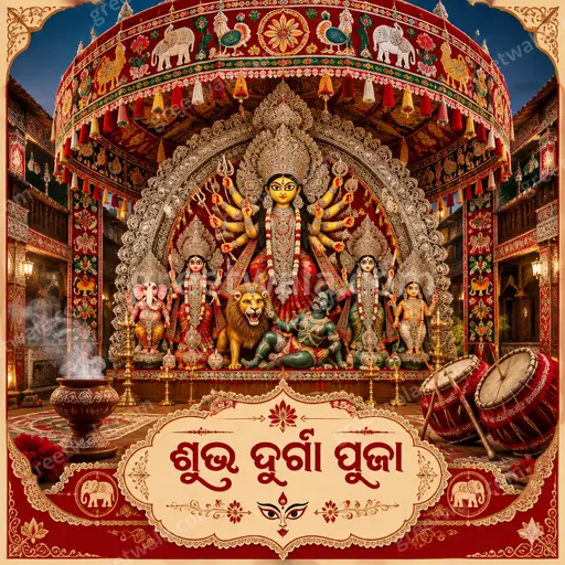 Ornate traditional Odia Durga Puja card featuring 'ଶୁଭ ଦୁର୍ଗା ପୂଜା' with glowing goddess motifs, marigolds and festive grace.