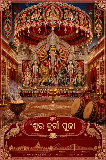 Ornate traditional Durga Puja card glowing with festive devotion, featuring the Odia greeting 'ଶୁଭ ଦୁର୍ଗା ପୂଜା' in elegant style.