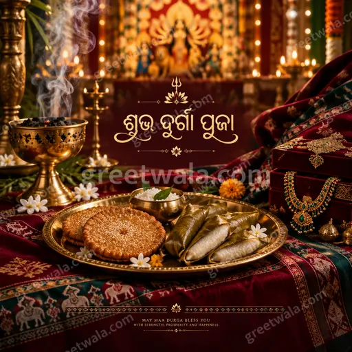 Premium Odia Durga Puja showcase card displaying 'ଶୁଭ ଦୁର୍ଗା ପୂଜା' with radiant goddess art, golden glow and festive elegant mood.