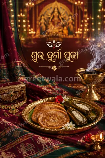 Premium goddess Durga idol glowing amid golden festive lights with elegant Odia Subha Durga Puja calligraphy.