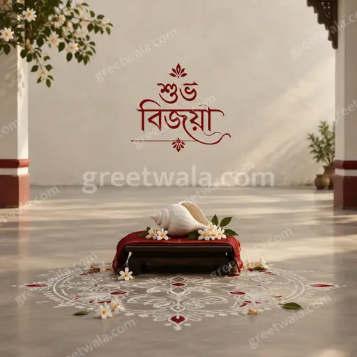 An elegant minimal Dussehra card with soft golden light, graceful motifs, and warm festive serenity displaying শুভ বিজয়া.