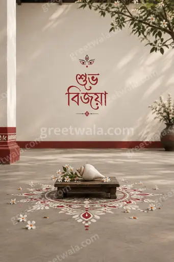 Elegant minimal Dussehra card with soft golden glow, delicate motifs, and শুভ বিজয়া in refined Bengali calligraphy.