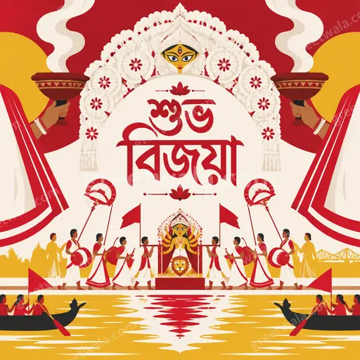 Modern flat vector Dussehra card with joyful festive mood, elegant Bengali motifs, warm colors displaying শুভ বিজয়া greeting.
