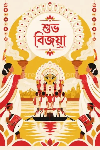 Cheerful modern flat vector Dussehra card displaying শুভ বিজয়া with vibrant festive elegance and warm celebratory mood.