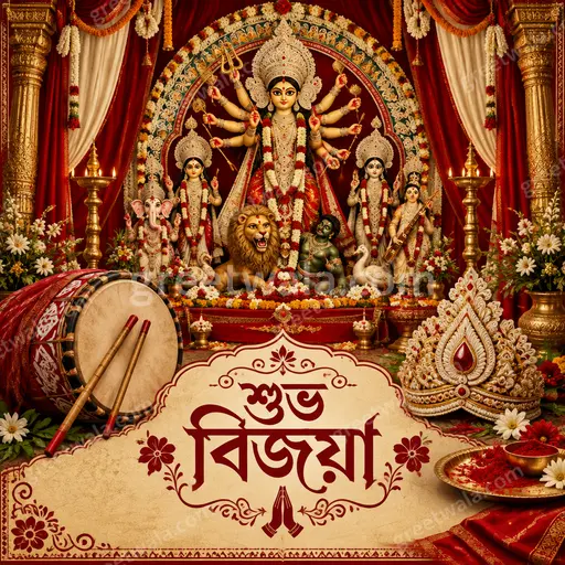 Ornate traditional Bengali Dussehra greeting card displaying শুভ বিজয়া with golden motifs, divine glow, joyful reverent festive mood.