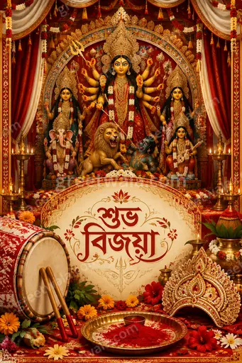 Ornate traditional Bengali Dussehra card displaying শুভ বিজয়া with festive motifs, warm colors, and reverent joyful mood.