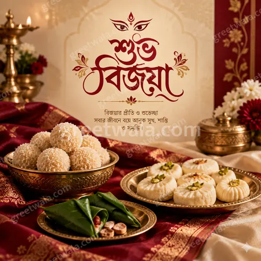 Premium Bengali Dussehra card glowing with golden festive elegance, showcasing 'শুভ বিজয়া' in graceful celebratory warmth.