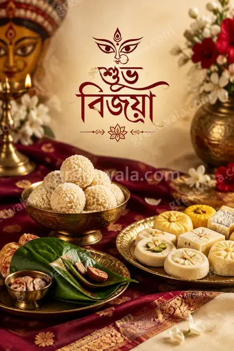 Elegant premium Dussehra card displaying শুভ বিজয়া with golden festive motifs, warm glowing background and graceful traditional Bengali charm.