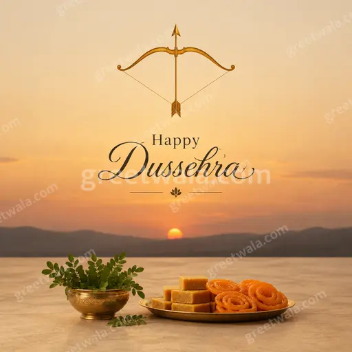 Elegant minimal Dussehra card with golden diyas and bow silhouette on deep maroon, wishing Happy Dussehra in graceful serif type.